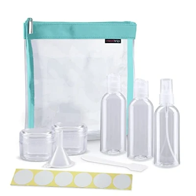 Abbildung von nextrip Kulturbeutel Transparent + Behälter für Flüssigkeiten Handgepäck Sticker Set Kosmetiktasche durchsichtig Flugzeug Reiseset Kosmetik Beutel (Cyan)