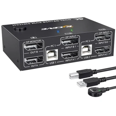Abbildung von Displayport KVM Switch 2 PC Monitore, YOUTINGHDAV 4K@144Hz, 1.4 Dual Monitor, USB DP für Teilen 4 Geräte Tastatur, Maus, mit Kabels