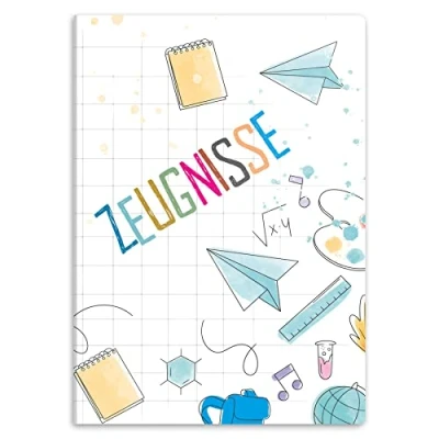 Abbildung von itenga Zeugnismappe mit Motiv DIN A4 stabile Dokumentenmappe Sichtbuch für Zeugnisse 20 Hüllen Kinder Jugendliche Schüler Mädchen Jungen (Motiv Doodles Schule)