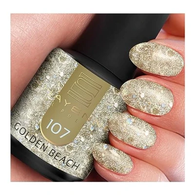 Abbildung von SHAYENNE Shellac Gel Nagellack 15 ml für UV LED Lampe 107 Golden Beach Glitter Glitzer Gold MADE in GERMANY Nail Polish for Lamp