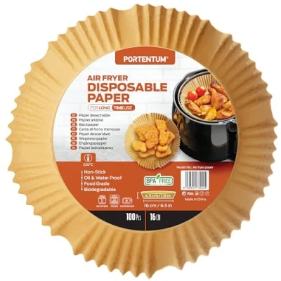 Abbildung von PORTENTUM Backpapier für Heißluftfritteuse 100 Stück BPA frei, 16 20 cm, Airfryer Antihaft Wasserdicht Ölfest Einwegschalen Luftfritteuse Pergamentpapier Liner