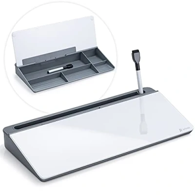 Abbildung von Varhomax Schreibtisch Organizer, Desktop Whiteboard Glas Grau Mit Aufbewahrung Abwischbar, To Do Liste, Notizblock und Tastaturständer für Homeoffice, Büro Schulbedarf