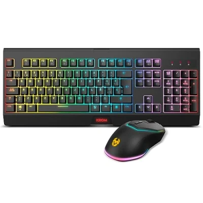 Abbildung von KROM Kabala Wireless Membrane Keyboard Kit RGB Rainbow Backlit, 6 Tasten Anti Ghosting, Optical Mouse Stufen DPI 800 4800 on The Fly, PC Compatible, Spanish Layout, Schwarz