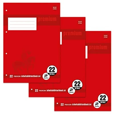 Abbildung von Staufen Premium Arbeitsblätterblock DIN A4, Lineatur 22 (5mm kariert), 50 Blatt, 4 fach Lochung, 90g/m² Papier, 3 Stück