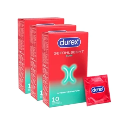 Abbildung von Durex Gefühlsecht Slim Kondome Dünne mit schmaler Passform &amp; Silikongleitgel befeuchtet 30er Pack (3 x 10 Stück)