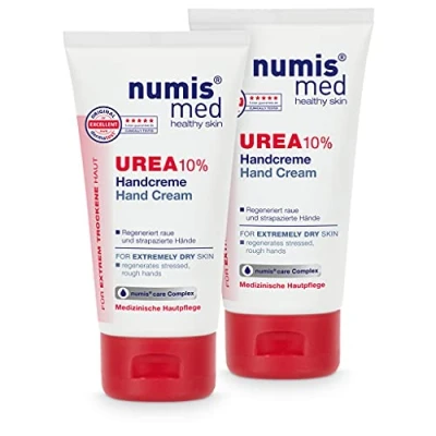 Abbildung von numis med Handcreme mit 10% Urea 2er Pack Hautberuhigende Hand Creme für sehr trockene &amp; strapazierte Hände vegane Hautpflege ohne Silikone, Parabene Mineralöl (2x 75 ml)