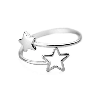 Abbildung von Offener Doppel Stern Ring für Damen Mädchen S925 Sterling Silber Verstellbar Statement Verlobung Kleine Finger Band Ringe Schmuck