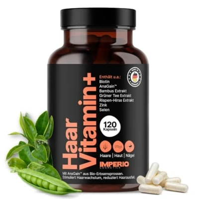 Abbildung von IMPERIO Haarvitamin+ Haar Vitamine hochdosiert mit AnaGain™, Biotin, Zink &amp; Selen zur Stärkung des Haarwachstums 120 Haut, Haare, Nägel Kapseln Deutsche Herstellung (1 Dose (2 Monatspackung))