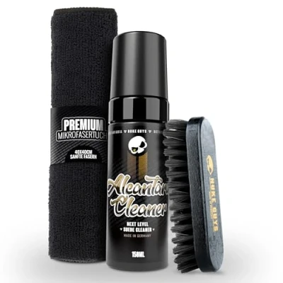 Abbildung von Nuke Guys AlcantaraReiniger Set 150ml Reiniger geeignet für alle Alcantara Oberflächen + weiche Textilbürste Mikrofasertuch Porentiefe Reinigung &amp; Pflege Sofa Couch Sitze Lenkrad