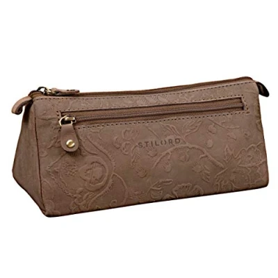 Abbildung von STILORD &#039;Alexis&#039; Vintage Leder Etui Stiftemappe mit 2 Fächern und Reißverschluss Federtasche Federmäppchen Schlampermäppchen Echtes Leder, Farbe:Natur braun
