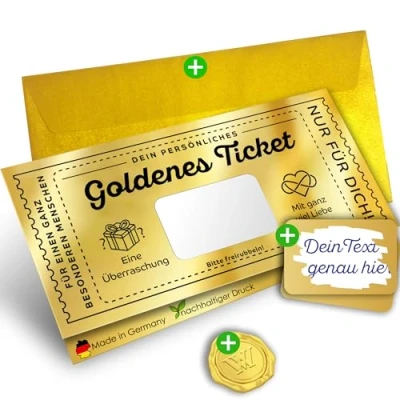 Abbildung von Das GOLDENE TICKET: Gutschein Karte zum selber ausfüllen mit Rubbelaufkleber Geschenk Idee für Frauen, Männer, Freundin, Freund, Mama Geburtstagsgeschenk Rubbellos machen Geburtstagskarte (1)