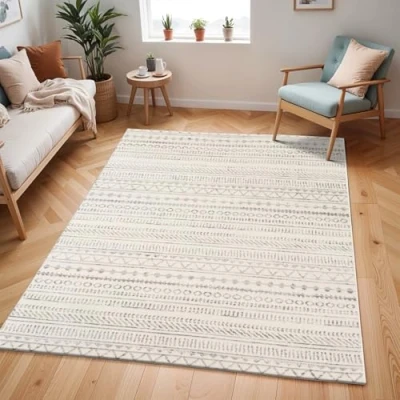 Abbildung von Surya Madrid Teppich Wohnzimmer Boho, großer Schlafzimmer 152x213 cm für Esszimmer mit geometrischem Muster, Skandinavischer Wohnzimmerteppich modern in Elfenbein und Hellgrau