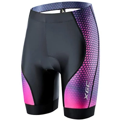 Abbildung von XGC Damen Kurze Radlerhose und Radunterhose Radsportshorts Fahrradhose für Frauen elastische 4D Schwamm Sitzpolster mit Einer hohen Dichte (S, Black_Purple)