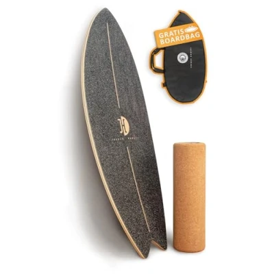 Abbildung von JUCKER HAWAII Surf Balanceboard Ocean Rocker Black Balance Board mit einmaligem Shape aus Holz inkl. Korkrolle