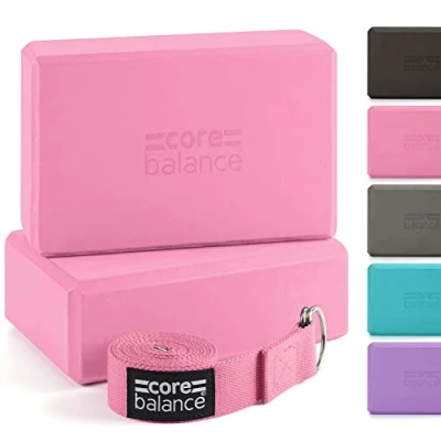 Abbildung von Core Balance Yoga Blocks im Doppelpack &amp; GRATIS Gurt, 2 STK. Eva Schaumstoff Blöcke, robust leicht, Riemen aus Baumwolle mit innovativem D Ring Verschluss, ideal für Pilates, 5 versch. Farben