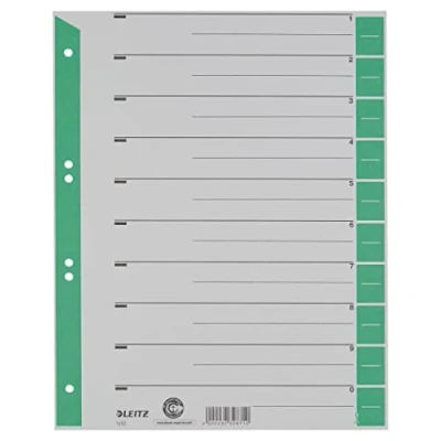 Abbildung von Leitz Register für A4, Deckblatt und 10 Trennblätter, Taben individuell zuschneidbar, 25 Stück, Überbreite, Grau/Grün, 100% Recyclingkarton, 16523055