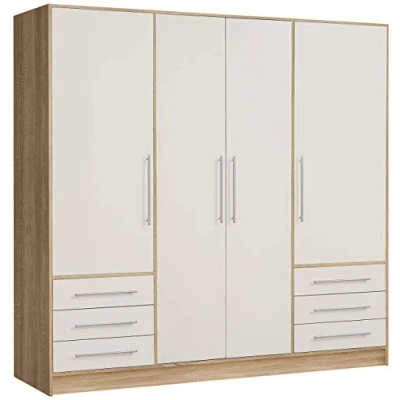 Abbildung von FORTE Jupiter Schrank 200 210, Kleiderschrank, Drehtürenschrank, 4 türig, mit 6 Schubladen und Einlegeböden, Weiß Holz Dekor: Sonoma Eiche, 206.5 cm breit x 60 tief hoch