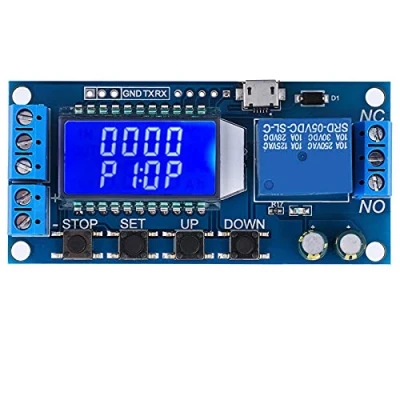 Abbildung von Fafeicy Zeitverzögerungs Relaismodul, 5V 12V 24V 0.01s 9999min Verzögerungs Aus Zyklus Timer, mit LCD Anzeige, Not Funktion einer Taste (STOP Taste)