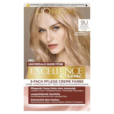 Abbildung von L&#039;Oréal Paris Permanente Haarfarbe für jeden Hautton, Coloration ohne Ammoniak, Universale Nude Töne mit vollständiger Grauhaarabdeckung, Excellence Creme, Nr. 9U Sehr helles Blond (Blond), 1 Stück