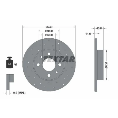 Abbildung von TEXTAR 92316003 Bremsscheibe 240 11 04/06 98 gelocht, voll beschichtet ohne Radbefestigungsbolzen, Radnabe ABARTH: 500 / 595 695 Hatchback