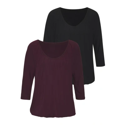 Abbildung von Lascana 3/4ARM 2 PACK Langarmshirt, Damen, Größe: 36/38, Aubergine schwarz