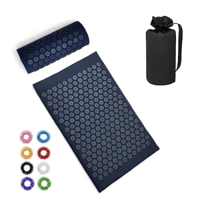 Abbildung von BULZEU Akupressurmatte mit Kissen,Akupressur Set gegen Nacken und Rückenschmerzen,Akupunkturmatte Acupressure Mat Massagematte zur Wohltuenden Entspannung Massage,mit 8 Massagebälle(Tiefblau)