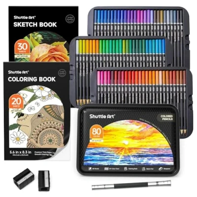 Abbildung von Shuttle Art Buntstifte Set, 80 professionelle für Erwachsene und Kinder, Farbstifte Set mit Malbuch, Skizzenbuch, Spitzer, Bleistiftverlängerer Eisenbox, Holzstifte