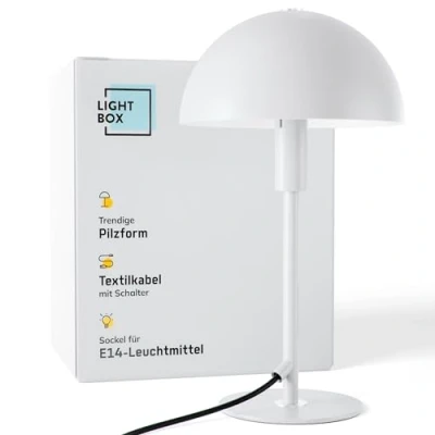 Abbildung von Lightbox Pilz Tischlampe Home Office Schreibtischlampe mit Wipp Schalter LED Lampe als Nachttischlampe, Büro und Schreibtisch Zubehör E14 Fassung aus Metall in Weiß Silberfarben