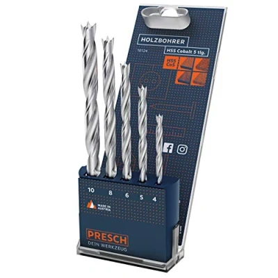 Abbildung von Presch Holzbohrer Set HSS Cobalt 5 tlg Hochwertige 5% cobaltlegierte Bohrer für Holz zum Bohren von allen Holzarten Langlebiges Profi Holzspiralbohrer Ø 4 10mm