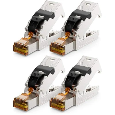 Abbildung von deleyCON 4x CAT 6a Netzwerkstecker RJ45 mit LSA Anschluss Werkzeuglos für Starre Verlegekabel LAN Kabel Netzwerkkabel Stecker CAT6a CAT7 Geschirmt Metallgehäuse 10 Gbit/s