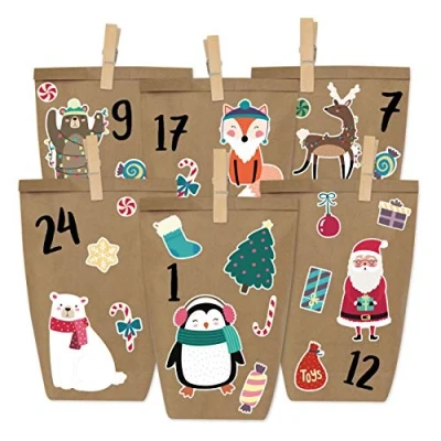 Abbildung von Papierdrachen Adventskalender zum Befüllen Weihnachtstiere Aufkleben mit 24 braunen Papiertüten und tollen Stickern für Kinder Weihnachten