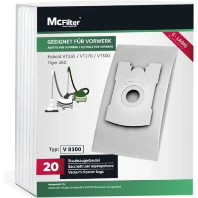 Abbildung von McFilter 20 Staubsaugerbeutel geeignet für Vorwerk Tiger 260, Kobold VT265 VT270 VT300 VT 265 270 300 Staubsauger, 5 lagiger Beutel aus Microvlies, Deckscheibe mit Hygieneverschluss