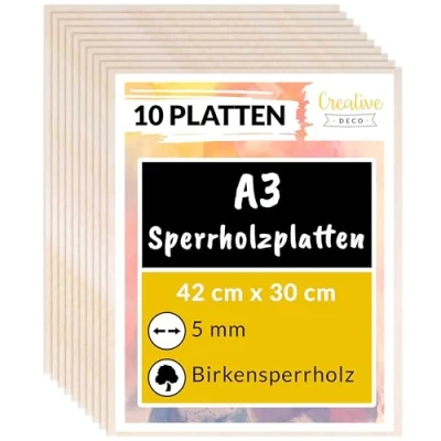 Abbildung von Creative Deco 10 x A3 Sperrholzplatte 5mm Birkensperrholz 420 300 (+/ 0,5) mm Dünne Holz Zuschnitte Perfektes Blatt für Laubsäge, Brandmalerei, Laserschnitt, CNC Router, Durchbrochenes