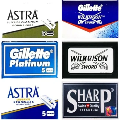 Abbildung von Rasierklingen ASTRA Platinum, Gillette WiIkinson, Permasharp, Stainless, Platinum New, SHARP TITANIUM