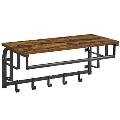 Abbildung von VASAGLE Wandgarderobe mit Aufbewahrungsregal, Wandregal 5 abnehmbaren Haken, Hängeregal Kleiderstange, für Eingang, Schlafzimmer, Wohnzimmer, rustikales Braun und Schwarz LCR12BX