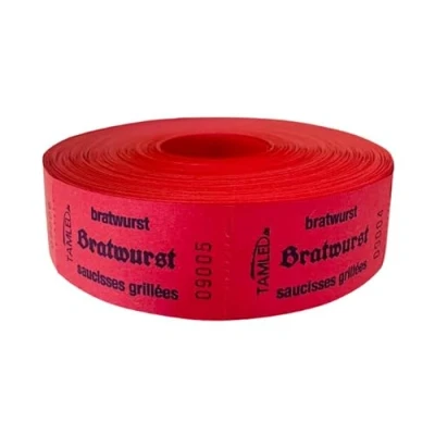 Abbildung von TAMLED Bonrolle BRATWURST rot dreisprachig 1 Rolle mit 1000 perforierten Abrissen fortlaufend nummeriert Gastromarke Festival Getränke Verpflegung Event Firmenveranstaltung Volksfest Verein Wertmarke