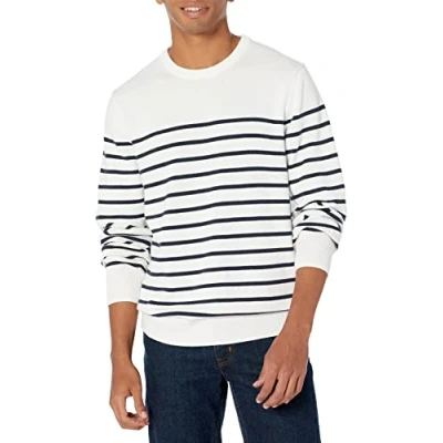 Abbildung von Amazon Essentials Herren Pullover mit Rundhalsausschnitt (in Übergrößen erhältlich), Marineblau Weiß Platzierter Streifen, XS
