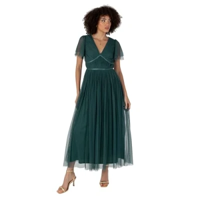 Abbildung von Anaya with Love Damen Women&#039;s Ladies Midaxi Dress V Neck Short Flutter Sleeve Ribbon A line Tulle for Bridesmaid Wedding Guest Prom Ball Gown Kleid, Emerald Green, 36 EU