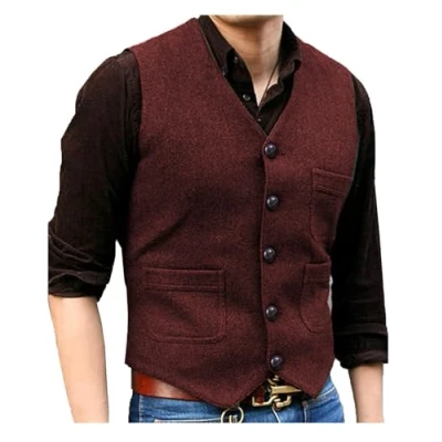 Abbildung von Solovedress Mens Vintage Classic Wolle Anzugweste Formale Regular Fit Weste Anzug für Hochzeit Groomsmen(Burgundy,L)