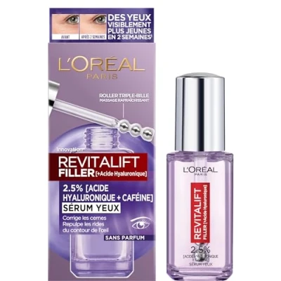 Abbildung von L&#039;Oréal Paris Augenkontur Serum Anti Falten, Socken &amp; Augenringe mit reiner Hyaluronsäure und Koffein innovativer Triple Billeraufsatz Revitalift Filler 20 ml