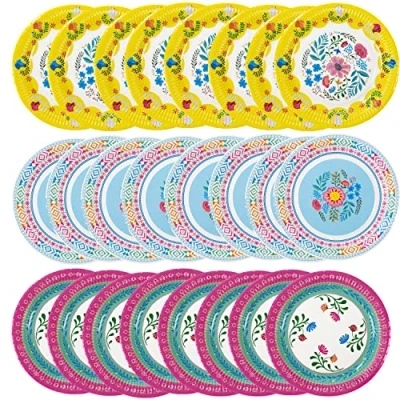 Abbildung von Talking Tables Bunte Pappteller im Boho Stil, 24 Stück, Einweggeschirr für Kindergeburtstage, Encanto Party Dekorationen, hawaiianisches Thema, Sommer Picknick, Grillen 23 cm, Blau, Rosa