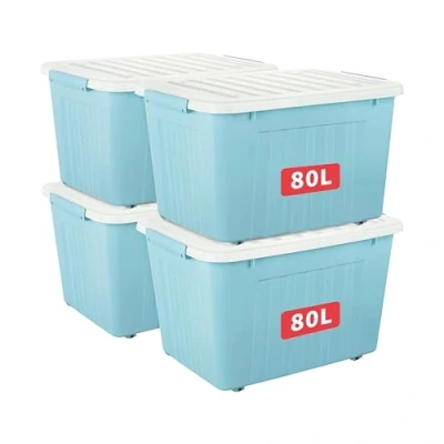 Abbildung von Cetomo 80L*4 Aufbewahrungsboxen mit Deckeln, Kunststoff Aufbewahrungsbox Rollen und Clips, Kunststoffbox für Zuhause Büro, BPA frei, Nestbar, Stapelbar, Blau, 80L 4er Pack