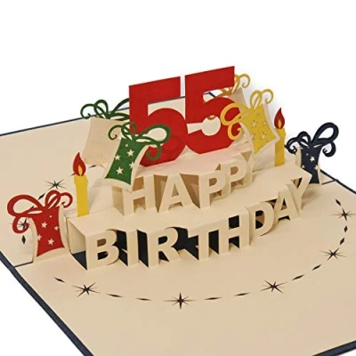 Abbildung von Favour Pop Up® 3D Glückwunschkarte zum runden 55. Geburtstag. Ein filigranes Kunstwerk, das sich beim Öffnen als Geburtstagstorte entfaltet. ALTA55B