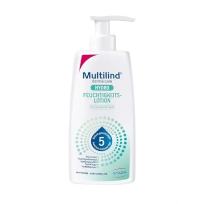 Abbildung von Multilind Derma:care Hydro Feuchtigkeitslotion Intensive Feuchtigkeitspflege für trockene Haut, Frei von Paraffinen, Silikonen, PEGs &amp; Parabenen, Vegane Formel, zieht schnell ein, 250 ml