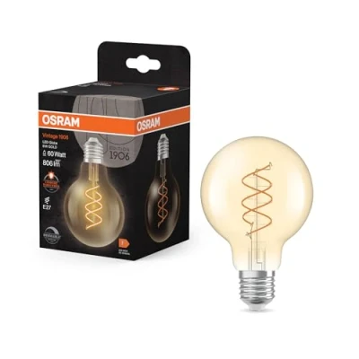 Abbildung von OSRAM Vintage 1906 Globe ist eine warmweiße, dimmbare LED Lampe in Ballform mit spiralförmigem Filament. Sie bietet 8 W für 806 lm, E27 Fassung, goldfarbenes Glas, 80 mm Durchmesser, 2200 K, EEK F.