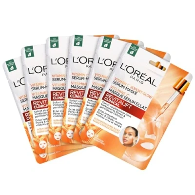 Abbildung von L’Oréal Paris Tuchmaske mit Vitamin C und Salicylsäure, Sofort Glow Serum Maske, Revitalift Clinical, 6er Pack