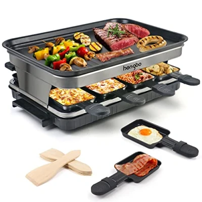 Abbildung von Raclette Grill 8 Personen Grillplatte Antihaftbeschichtet, mit Mini Pfännchen &amp; 4 Holzspatel, Stufenlos Regulierbare Temperatur, 1500W, Edelstahl