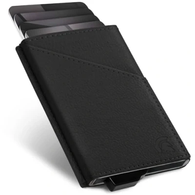 Abbildung von POWR RFID blockierender Kartenhalter, stilvolle, schlanke Brieftasche und kontaktloser Kreditkartenschutz, Schwarzes Leder, Minimalistisch