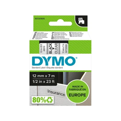 Abbildung von DYMO Original D1 Etikettenband, schwarz auf transparent, 12 mm x 7 m, selbstklebendes Schriftband, für LabelManager Beschriftungsgerät