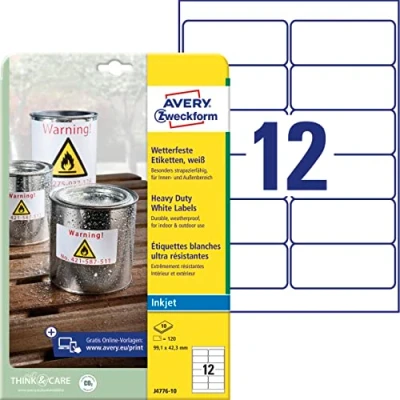 Abbildung von AVERY Zweckform J4776 10 Wetterfeste Folienetiketten Inkjet (120 Aufkleber, 99,1x42,3mm auf A4, extrem stark selbstklebend, wasserfest, strapazierfähig, bedruckbare Outdoor Klebefolie) Blatt, weiß
